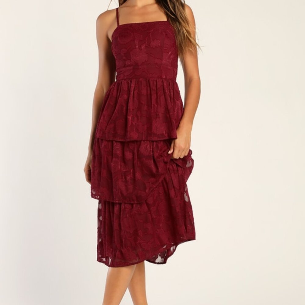 NWT Lulus Burgundy Burnout Floral Print Tiered Dress Size XL formal wedding